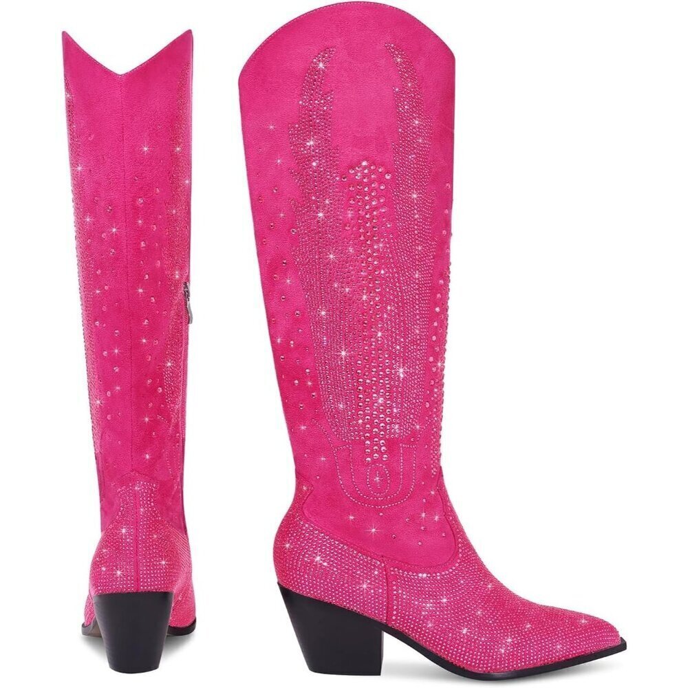 🆕Women Polyurethane Pink Knee High Rhinestone Bling Pointed Toe Cowgirl Western - Picture 5 of 6